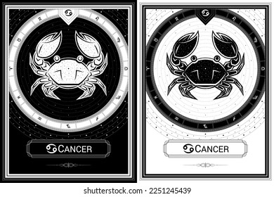 Crab Cancer Zodiac Sign and Symbol, Classic Luxury Circular Black-White Silhouette Greek Meander Fortune Card, Stellar Star Sign, Horoscope Astrology Fortune-Telling and Future Prediction.