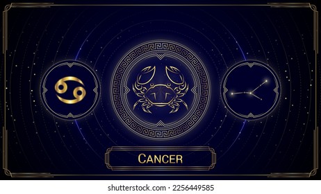 Signo de zodiaco de cáncer de cangrejo, símbolo, constelación estelar de estrella, rueda de la lumbrera griega clásica, horóscopo y astrología, telonaje de fortuna, fondo estelar