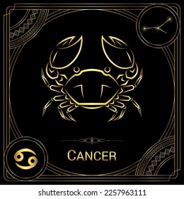 Crab Cancer Zodiac Sign, Symbol, Stellar Star Constellation, Horoscope and Astrology, Fortune-Telling Square Badge Icon Vector Illustration