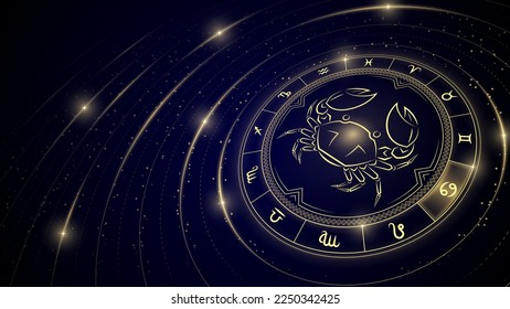 Crab Cancer Zodiac Symbol, Wheel of Twelve Sign, Star Trail, Glowing Ray of Star Light in Space, Horoscope and Astrology, Fortune-Telling, Stellar Backdrop Background Vector Illustration.