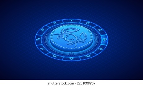 Crab Cancer Zodiac Symbol, Wheel of Twelve-Sign, Neon Glow Isometric Bas-Relief Sculpture, Horoscope and Astrology Element for Fortune-Telling, Lattice Grid Backdrop Background.