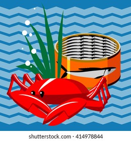 Crab with canned fish on a blue stripped background vector