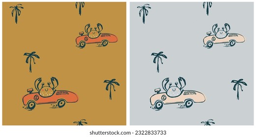 Carrera de coches de cangrejo divertida y fresca camiseta de verano sin costura. Diseño de impresión para viajes por carretera. Deportes náuticos, ropa de niños tropicales, papel tapiz exótico de jungla silvestre infantil. Velocidad de la caricatura con motivos animales