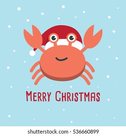 Crab cartoon character. A Cute crab wearing Santa Claus hat standing for Merry Christmas and Happy New Year invitation card. 