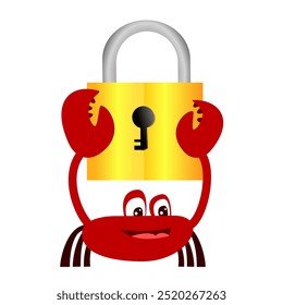 Crab cartoon character holding a golden padlock. Vector illustration. Suitable for security breaches and animal content