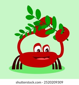 Crab cartoon character holding a leaf stalk. Vector illustration. Suitable for cute ocean animals and nature content