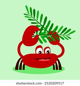 Crab cartoon character holding a leaf stalk. Vector illustration. Suitable for cute ocean animals and nature content