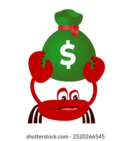 Crab cartoon character holding a sack of money. Vector illustration. Suitable for business management and animal content