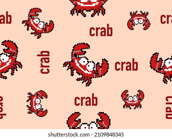 Crab cartoon character seamless pattern on orange background.Pixel style