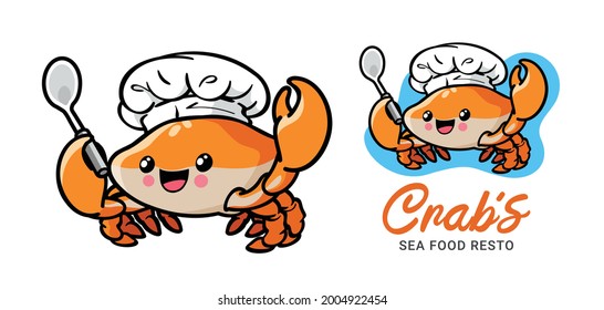 Crab cartoon character wearing chef's hat and holding a spatula. Can be used as mascot or part of a logo.