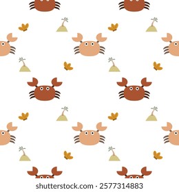 Crab cartoon so cute. On shell island white background. Pattern seamless vector illustration. 