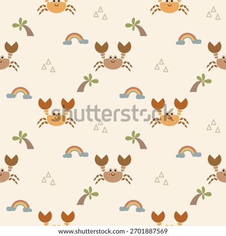 Crab cartoon so cute. On tree rainbow cloud background. Pattern seamless vector illustration. 