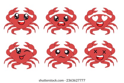 Crab cartoon face expression cartoon smile wink sad face expression set collection sea creature marine  