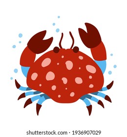 Crab character. Cartoon hand drawn illustration of cute ocean animal, air bubbles. Red, blue fantasy sea crayfish. Childish t shirt print, poster, cover design. Flat isolated vector, white background