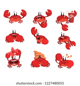 Crab character with different emotions, cute sea creature with funny face vector Illustration on a white background