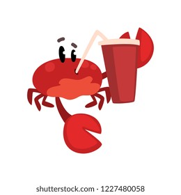 Crab character with paper cup of soda drink with straw, cute sea creature with funny face vector Illustration on a white background