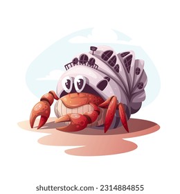 Crab character with shell. Beach, Summertime, seashore concept. Vector illustration.