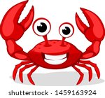 Crab character smiling with big claws on white.