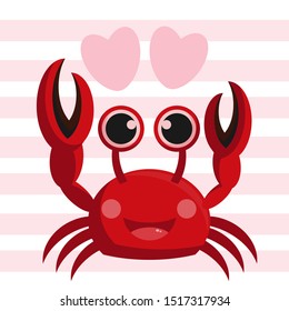 Crab character smiling with big claws on ping and white.