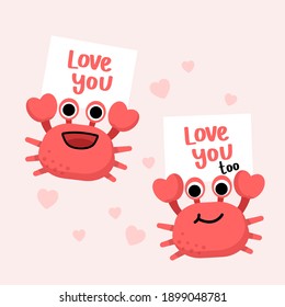 Crab character smiling with big claws on pink with love banner invitation for celerbrating a party. 