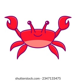 Crab character smiling.Cute cartoon red crab.Line art vector illustration.Isolated on white background.
