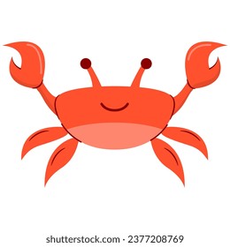 Crab character smiling.Cute cartoon red crab.Vector flat illustration.Underwater crustaceans.Isolated on white background.