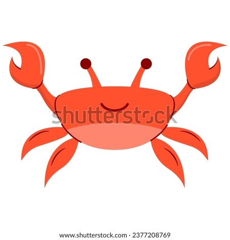 Crab character smiling.Cute cartoon red crab.Vector flat illustration.Underwater crustaceans.Isolated on white background.