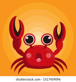 Crab character surprised with big claws on orange