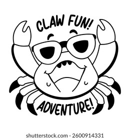 A crab character wearing sunglasses with text "claw fun, adventure", glyph sticker 
