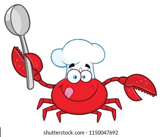 Crab Chef Cartoon Mascot Character Holding A Spoon. Vector Illustration Isolated On White Background