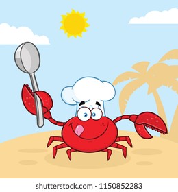 Crab Chef Cartoon Mascot Character Holding A Spoon. Vector Illustration With Beach Background