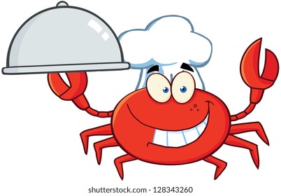 Crab Chef Cartoon Mascot Character Holding A Platter