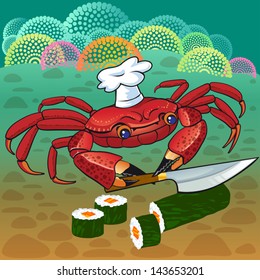 Crab chef prepares sushi in the sea