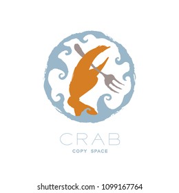 Crab claw holding fork in wave frame circle shape, logo icon set brush design orange color illustration isolated on white background with Crab text and copy space