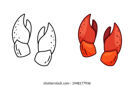 Icono del doodle de garras de cangrejo. Parte de langosta o langosta. Versión lineal y en color. Simple ilustración negra de la comida marina. Contorno pictograma vectorial aislado sobre fondo blanco