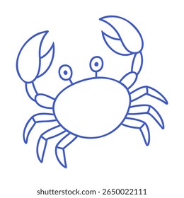 Caranguejo com garras e olhos em estilo de arte de linha azul marinho. Ícone marinho desenhado à mão. Ilustração isolada do vetor de contorno.