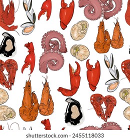 Crab claws, shrimp, octopus, seafood pattern. Bright food retro pattern. For printing on prints, t-shirts, logos, sportswear, packaging paper