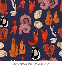 Crab claws, shrimp, octopus, seafood pattern. Bright food retro pattern. For printing on prints, t-shirts, logos, sportswear, packaging paper