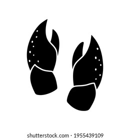 Crab claws silhouette icon. Part of lobster or crayfish. Black hand drawn illustration of sea food. Contour isolated vector pictogram on white background