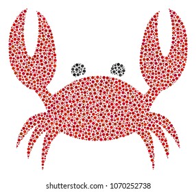 Crab collage of circle dots in variable sizes and color tints. Circle dots are grouped into crab vector collage. Dotted vector illustration.