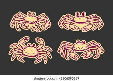 Crab collection set featuring four cute hand drawn crustacean characters with purple outlines and cream fills isolated on a simple dark grey background for design