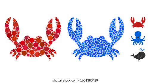 Crab composition of circle elements in variable sizes and color tinges, based on crab icon. Vector circle elements are organized into blue composition. Dotted crab icon in usual and blue versions.