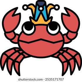 Um caranguejo com uma coroa na cabeça. O caranguejo é vermelho e tem um chapéu azul em cima da cabeça