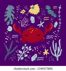 Crab lindo doodle dibujado a mano de ilustración vectorial plana. Vector marino salvaje, fondo floral de afiche. Ramas de hierba con elementos de diseño de hojas, flores y puntos. Mar, océano, mar.