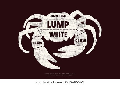 Diagrama de cortes de cangrejo en silueta con textura áspera. Impresión blanca sobre fondo negro