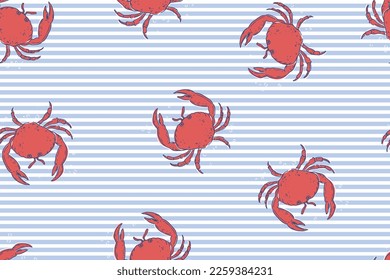 CRAB DEEP SEA UNDERWATER NAUTICAL SEAMLESS PATTERN WITH STRIPE BACKGROUND VECTOR