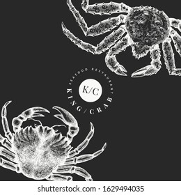 Crab design template. Hand drawn vector seafood illustration on chalk board. Engraved style crustacean. Retro lobster banner.
