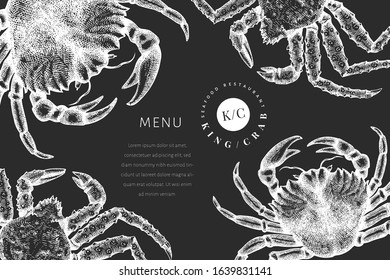 Crab design template. Hand drawn vector seafood illustration on chalk board. Engraved style crustacean. Retro lobster banner.