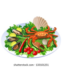 Crab in the dish with salad, tomatoes and molluscs with lemon slices