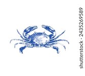 Crab drawn by graphic lines on a light background. Icon for the menu of fish restaurants, markets and shops. Vector blue crab illustration.